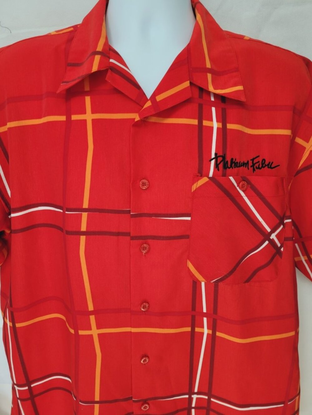 FUBU Shirt Mens L Red Abstract Button Up Short Sleeve Pocket 90s Style